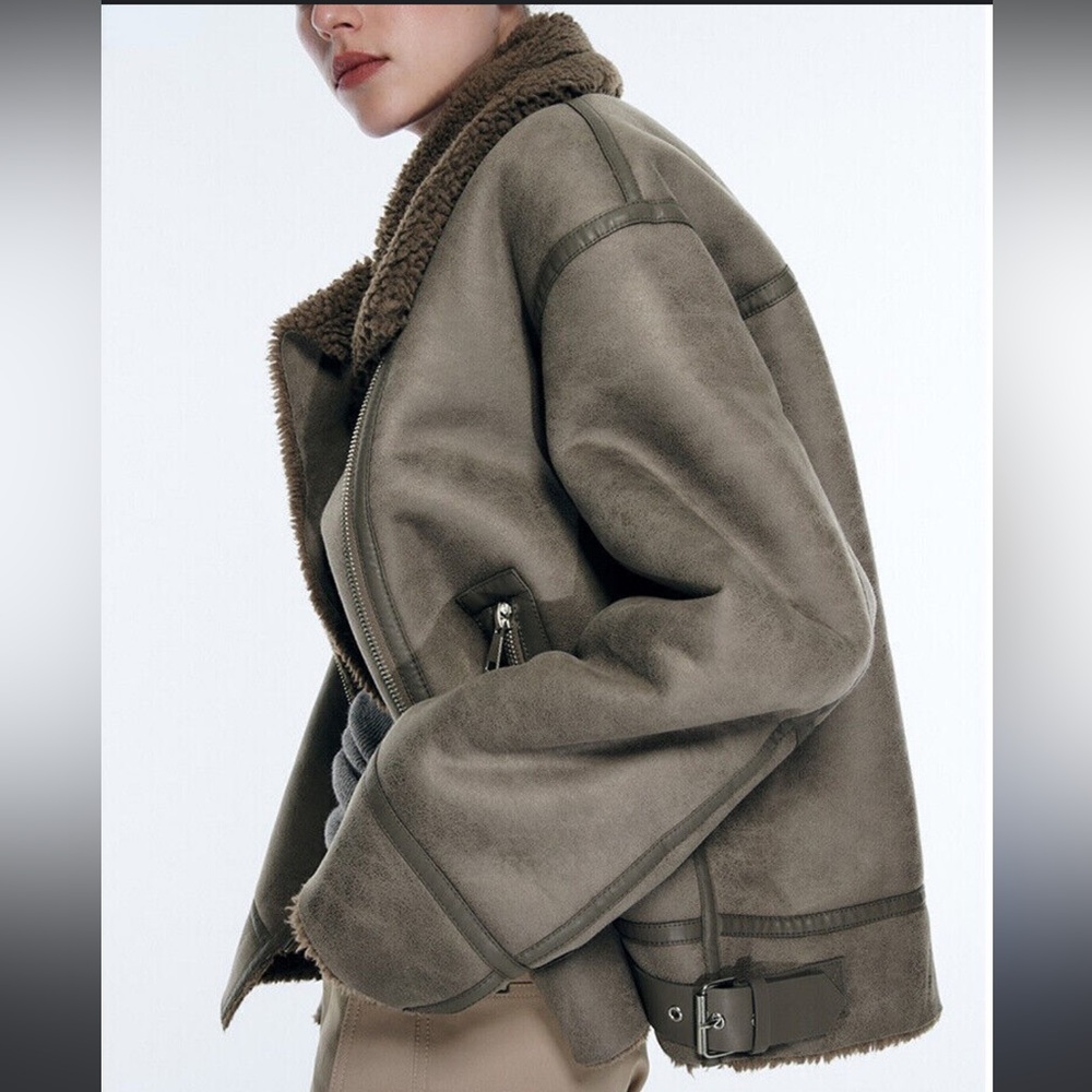 ZARA GRAY FAUX LEATHER SHEARLING FUR DOUBLE-FACED BIKER JACKET AVIATOR COAT sz M